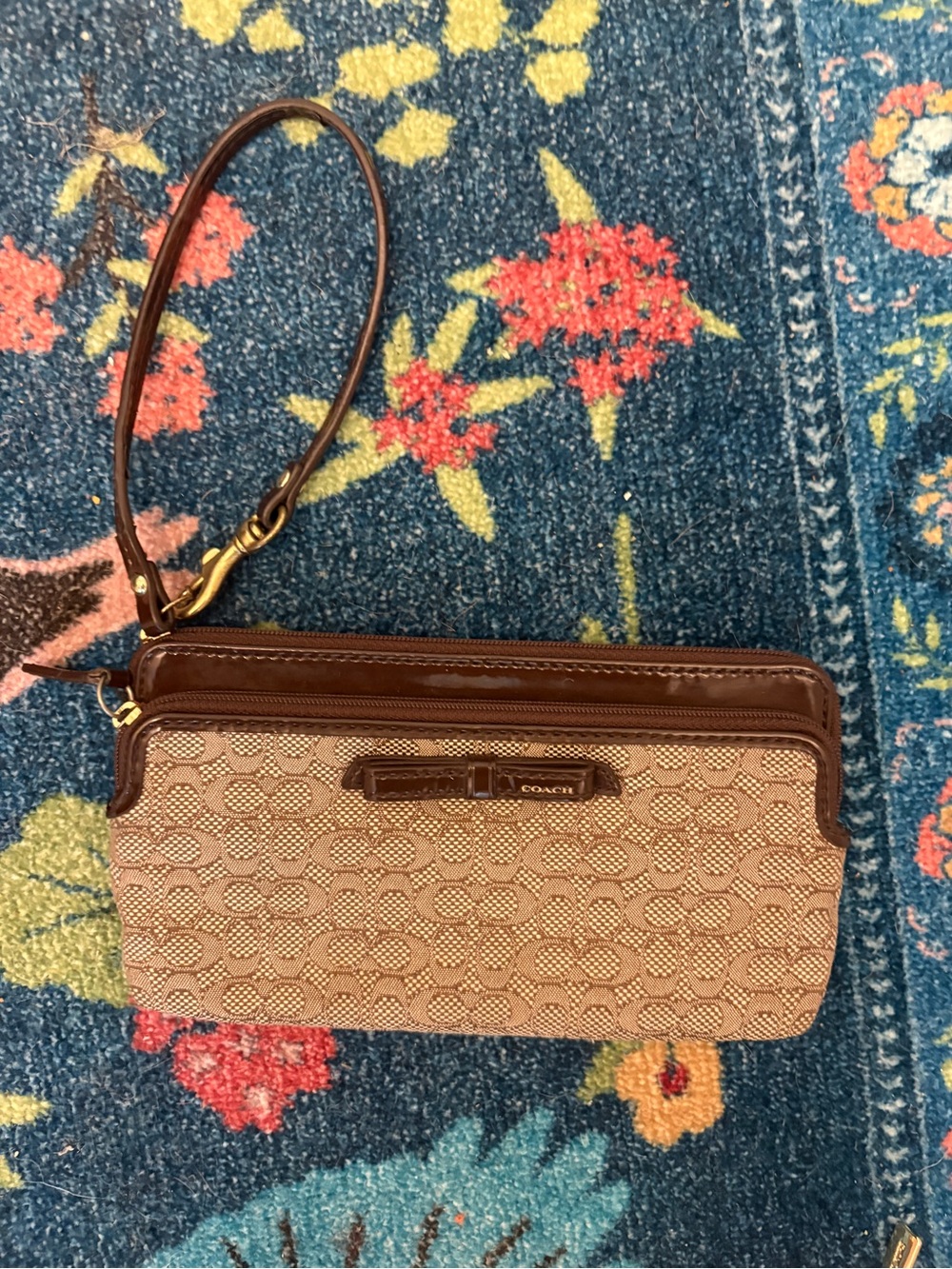 Coach Tan Signature Canvas Wristlet with Chestnut Trim